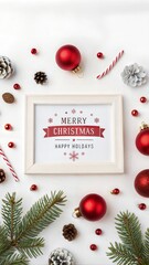 Merry Christmas and Happy Holidays greeting card, frame, banner. New Year. Noel. Red Christmas ornaments on white background top view. Winter holiday xmas theme. Flat lay.