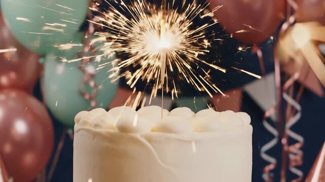 Birthday cake with bright sparkler firework during celebration party. Festive dessert with frosting for anniversary or special occasion. Balloons in background for joyful event and happy milestone