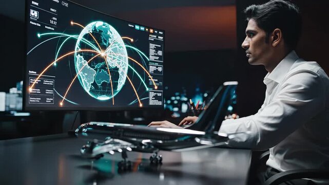 Professional analyst monitors global network connections and data visualization on large screen display in modern operations center. Cybersecurity expert reviews world map with digital for business - Powered by Adobe