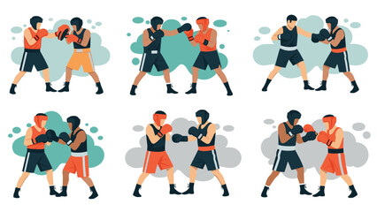 Boxing training scene with diverse sparring partners set against abstract background for fitness motivational design