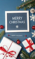 Merry Christmas and Happy Holidays greeting card, frame, banner. New Year. Noel. White Christmas gifts red ribbons, ornaments on blue background top view. Winter holiday xmas theme. Flat lay.