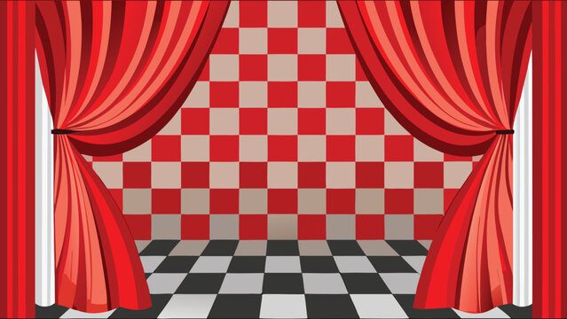 Red curtain draped against a plain white background, creating a striking contrast in color and texture..eps