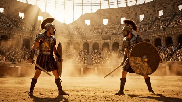 Gladiators battle in ancient arena. Warriors engage in fierce combat under sunlight. Audience cheers for epic showdown, showcasing strength and bravery.