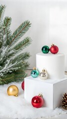 Cosmetic background for Christmas and winter holiday. White podium and christmas balls on white background.
