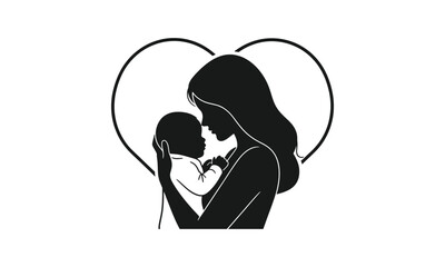 Obraz premium Silhouette of a mother holding her baby in front of a heart.