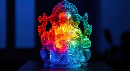 Vibrant multi-colored illuminated statue of Hindu deity Ganesha against a dark background, showcasing spiritual art and light.