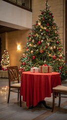 Empty table in front of christmas tree with decoration background