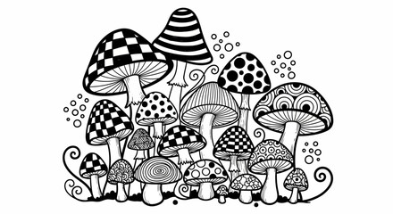 A whimsical illustration of various mushrooms with unique patterns and designs, surrounded by playful swirls
