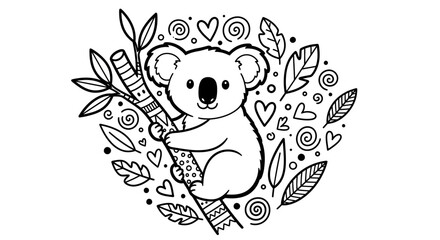 Cute koala bear climbing a tree surrounded by whimsical leaves and hearts in a playful design