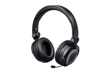 Black over ear headphones with microphone and textured earcups on black audio sound, Isolated On White Background, Png Transparent