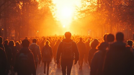 Fototapeta premium A diverse group of people strolls through a park during a beautiful sunset. The scene captures a moment of peaceful leisure and community.