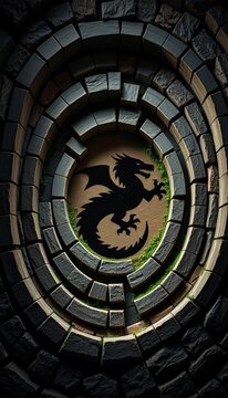 Stone walls of a winding maze with a fierce dragon silhouette at its center,  dungeon,  imposing