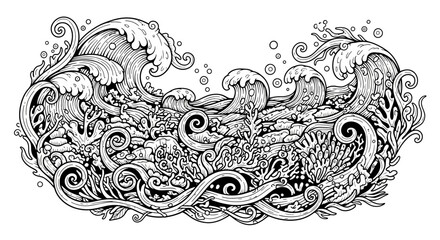 Intricate black and white illustration of ocean waves and marine life with swirling patterns