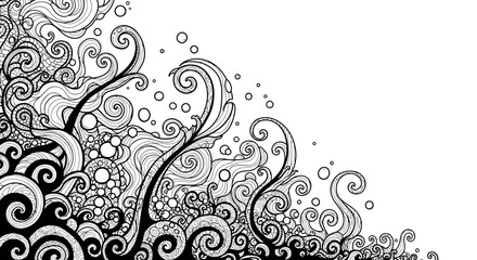 Abstract swirling patterns in black and white, creating a dynamic flow with circular elements
