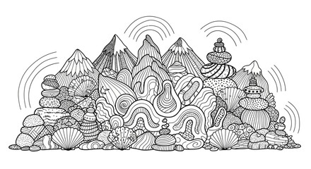 Naklejka premium Intricate black-and-white illustration of mountains, rocks, and seashells in a serene landscape