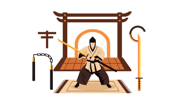 Traditional martial arts illustration with samurai warrior and japanese weapons