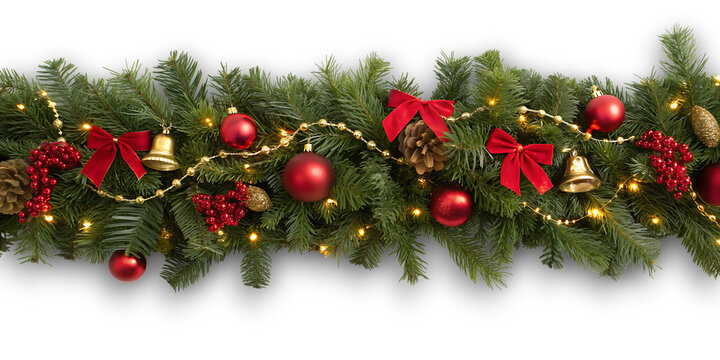 Festive christmas garland adorned with red bows baubles bells and warm lights perfect for holiday decorating against a dark background