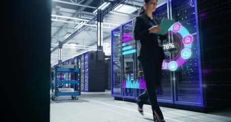 Female IT Engineer Strides Through a Futuristic Data Center, Reviewing Analytics on a Digital Tablet While Holographic Infographics Overlay Server Racks, Tracking Cloud Services Cyber security - Powered by Adobe