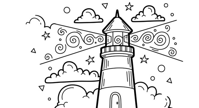 A detailed illustration of a lighthouse surrounded by swirling clouds and stars