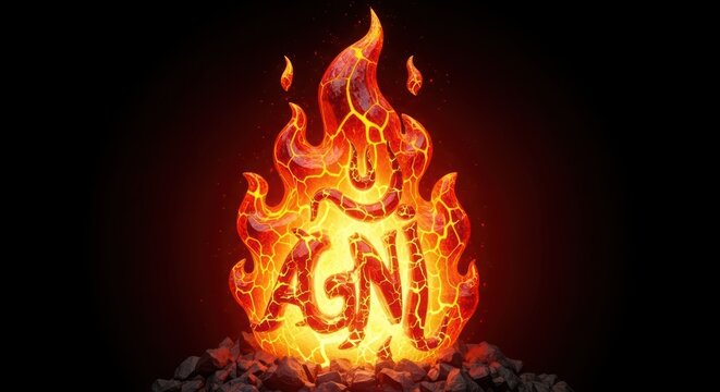 A vibrant, stylized depiction of the word "AGNI" engulfed in fiery, molten orange and red flames against a dark background.