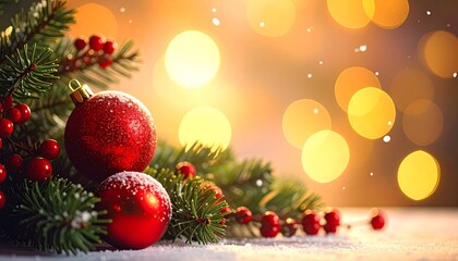 Magical Glowing Christmas Background: Pine Tree Branches with Bright Red Ornaments and Warm Golden Lights, Festive Holiday Season Card Template.