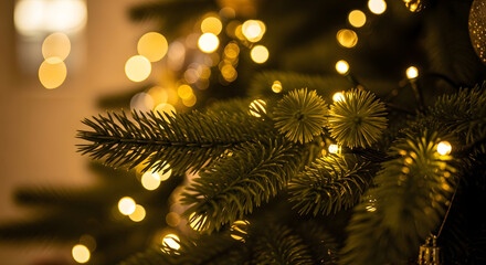 close up of a christmas fir branch with warm glowing lights and unique starburst decorations.