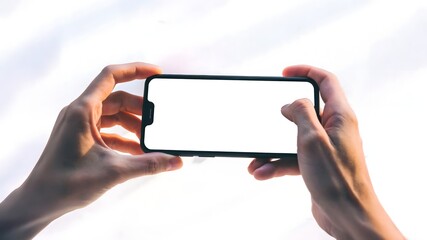 A person's hands holding a smartphone with a blank white screen, ready to be used.