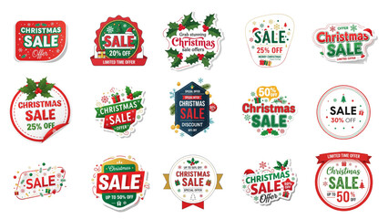 Christmas sale stickers set offering discounts, perfect for holiday promotions and seasonal marketing campaigns grabbing attention with festive designs