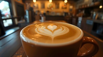 Close-up of a beautiful latte with heart-shaped latte art, served in a ceramic mug on a table in a warm and inviting coffee shop.