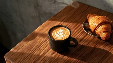 Latte art coffee in a black mug and a golden croissant on a rustic wooden table, bathed in warm morning light.
