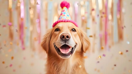 Joyful Golden Retriever Dog Wearing a Colorful Party Hat with Confetti and Streamers