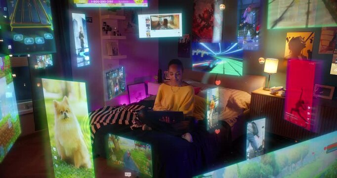 Woman in a Cozy Neon Bedroom Browses Social Media and Streaming Sites on Her Laptop, Surrounded by Floating Digital Immersive Online Content, Entertainment. Rotating Cinematic Robot Camera Movement