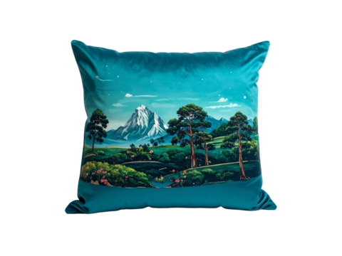 Velvet pillow mountain forest landscape, tranquil blue tones, decorative cushion, serene nature scene, elegant home decor, peaceful and calming atmosphere.