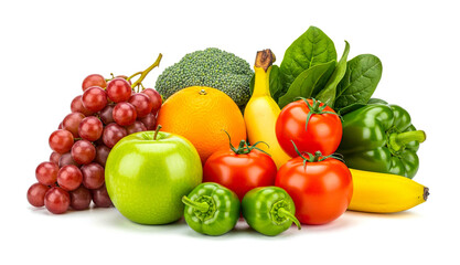 Fresh assorted fruits and vegetables in high resolution, vibrant colors and natural textures, perfect for healthy food, nutrition, grocery and organic lifestyle concepts.