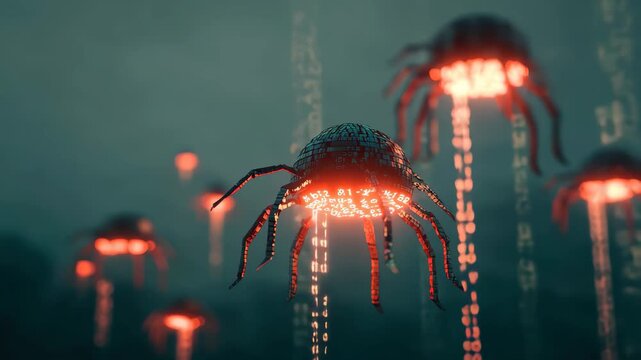 Ransomware cyber attack visualizing malware generative technology in a digital landscape filled with glowing entities