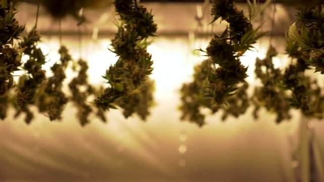 Hanging cannabis plants in an indoor setting showcase the process of drying harvested cannabis buds under gentle lighting.