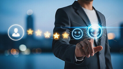 Service Satisfaction: A professional in a modern suit, selects from a series of emoticons illustrating levels of customer experience, highlighting the pivotal role of customer service