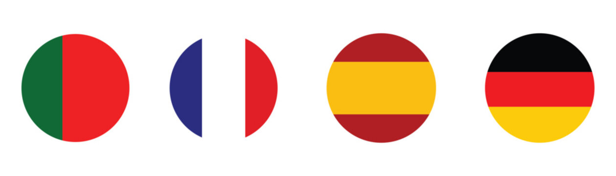 European Round Flag Icons Set &ndash; Portugal, France, Spain, Germany &ndash; Flat Circle Vector Symbol Pack