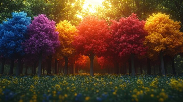 A stunning display of vibrant autumnal trees bursting with color and warmth. Sunlight streams through the canopy, creating a beautiful, radiant scene.