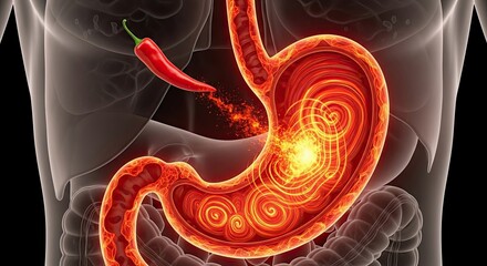 Human Stomach with Chili Pepper Causing Pain and Inflammation.