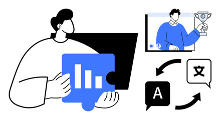 Person reviewing data charts and monitoring video presentation with a trophy. Includes language translation symbols and interconnected arrows. Ideal for global business, analytics, success