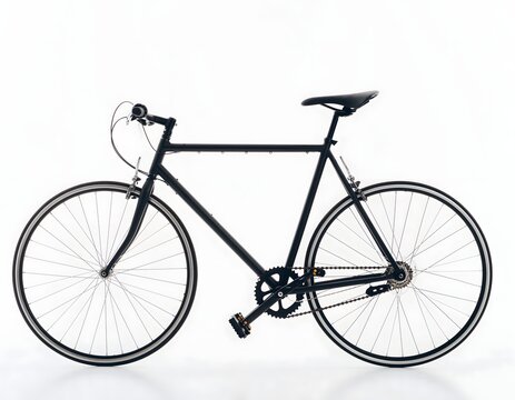 A black single-speed bicycle with drop handlebars is displayed against a bright white background, showing its frame, wheels, seat, and pedals.