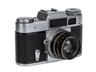 Vintage silver classic film camera with textured grip, metallic details, and retro lens, isolated on white background for nostalgic photography concepts.