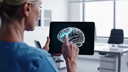 Medical professional examining digital brain visualization on tablet device. Neuroscience and healthcare technology for neurological research, diagnosis, and patient education. Interactive anatomical - Powered by Adobe