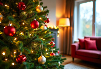 A classic green Christmas tree in a cozy living room, decorated with warm fairy lights and red glass balls. Soft, inviting light.