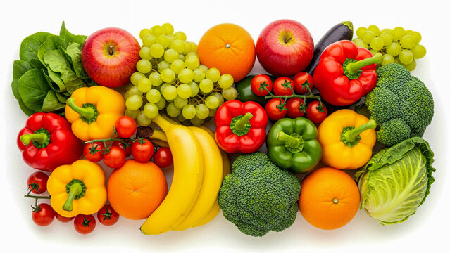 Fresh assorted fruits and vegetables in high resolution, vibrant colors and natural textures, perfect for healthy food, nutrition, grocery and organic lifestyle concepts.