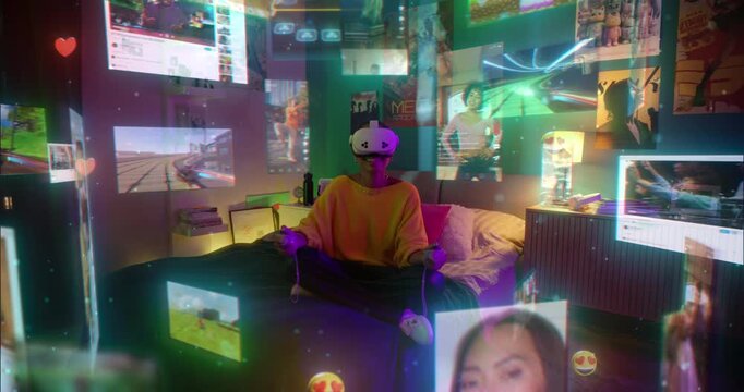 Young Black Woman Relaxes on Bed Wearing a Virtual Reality Headset, Joyfully Navigating Floating Holographic Video Game Worlds, Social Media, Streaming Content in Bedroom, Creative Gaming