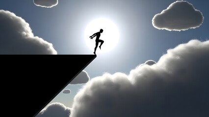 A person standing at the edge of a cliff walkway, stepping into clouds with bright moonlight — adventurous & dramatic.