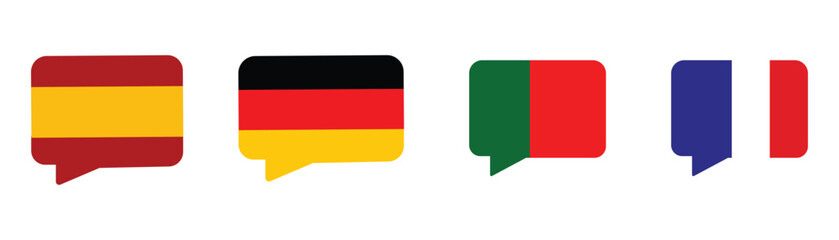European Speech Bubble Flag Icons Set &ndash; Spain, Germany, Portugal, France &ndash; Chat Message Symbol Vector Pack