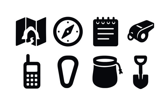 Essential adventure gear icons set for outdoor enthusiasts and design use